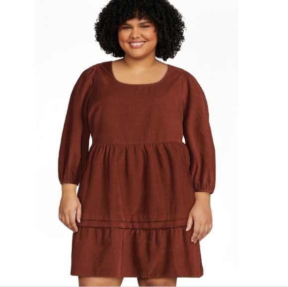 Time & Tru Brown Corduroy Knee Dress Size XL Quarter Sleeve Tiered Pullover NWT - Picture 1 of 9